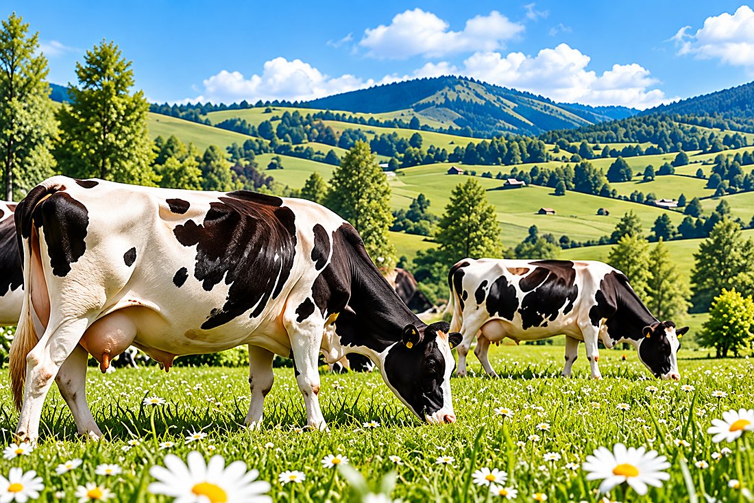 Vaches laitières dans une prairie fleurie
